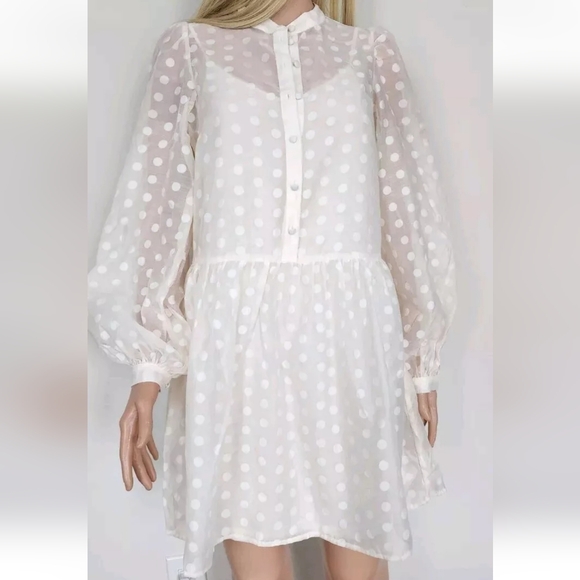 H&M HM POLKA DOT SHEER LIGHT BEIGE LONG SLEEVES SHORT BABYDOLL DRESS XS - Picture 3 of 11
